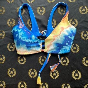 Blue yellow tie back reversible bikini swim top